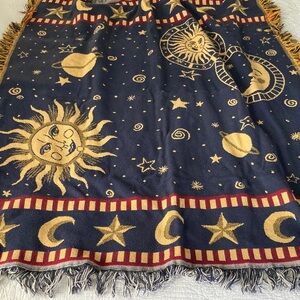 Goodwin Weavers 100% Cotton Vintage Navy and Gold Celestial Fringe Throw Blanket